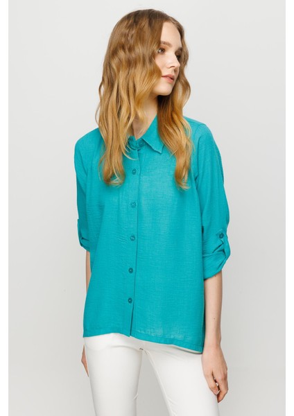 Kadın Geniş Kesim Düz Keten Gömlek Yeşil indirimleri