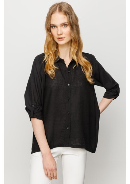 Kadın Geniş Kesim Düz Keten Gömlek Siyah fiyatları