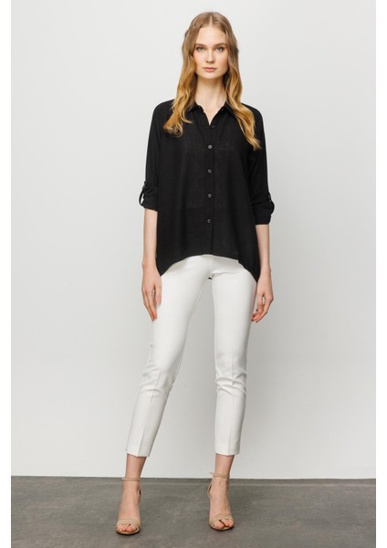 Kadın Geniş Kesim Düz Keten Gömlek Siyah modelleri