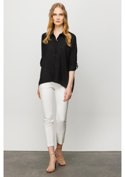 Kadın Geniş Kesim Düz Keten Gömlek Siyah fırsatları