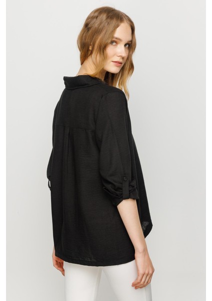 Kadın Geniş Kesim Düz Keten Gömlek Siyah indirimleri