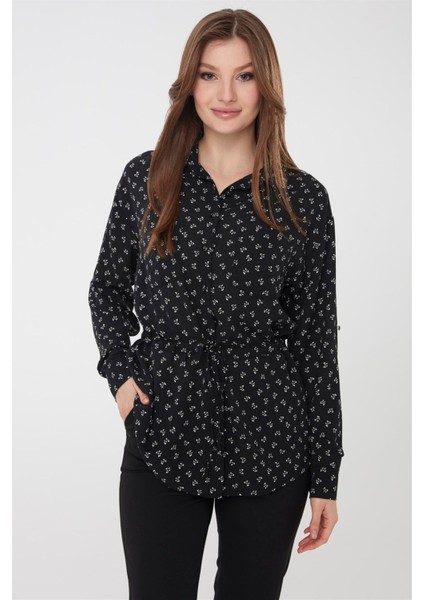 Kadın Fiyonk Desenli Cepli Gömlek Siyah