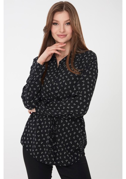 Kadın Fiyonk Desenli Cepli Gömlek Siyah fiyatları
