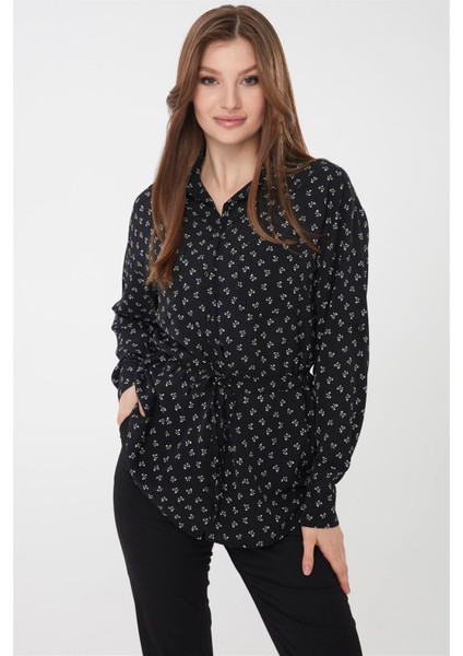 Kadın Fiyonk Desenli Cepli Gömlek Siyah fırsatları