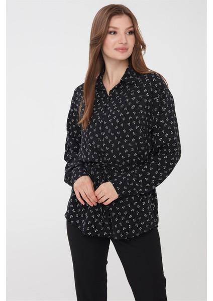 Kadın Fiyonk Desenli Cepli Gömlek Siyah modelleri