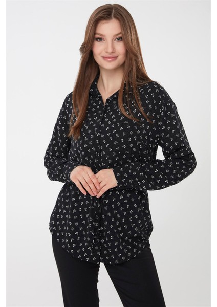 Kadın Fiyonk Desenli Cepli Gömlek Siyah indirimleri