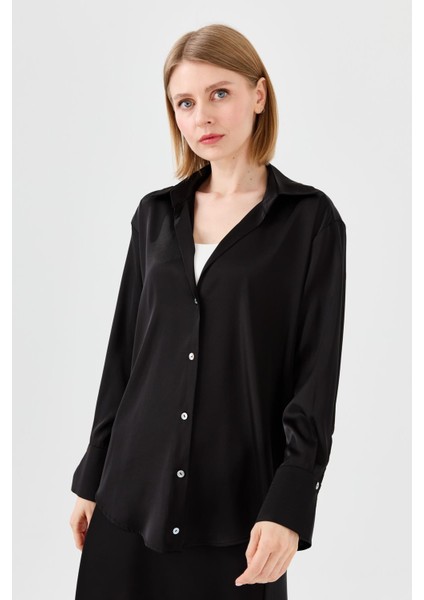 Kadın Saten Patlı Gömlek Siyah fiyatları