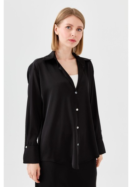 Kadın Saten Patlı Gömlek Siyah fırsatları
