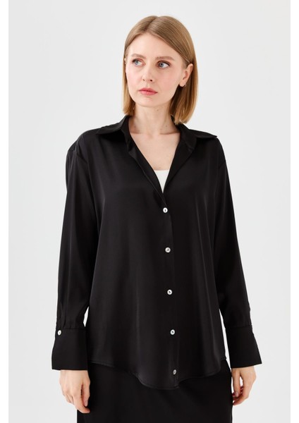Kadın Saten Patlı Gömlek Siyah indirimleri