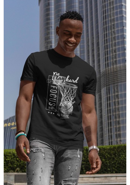 Basket Baskılı Desenli %100 Pamuk Siyah Erkek T-Shirt