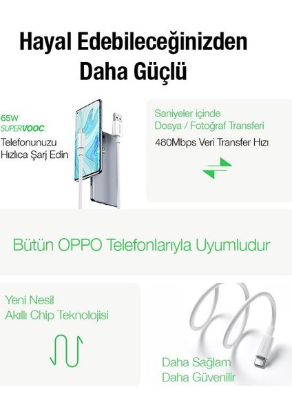 1 Metre 65W Supervooc Flash Hızlı USB To Type C Şarj ve Data Kablosu, Ultra Dayanıklı Halat Kablo