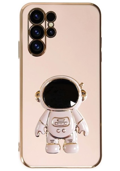 Casestreet Samsung Galaxy S22 Ultra Kılıf Kamera Korumalı Astronot Desenli Standlı Silikon Pembe