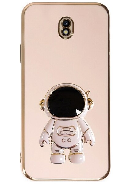 Samsung Galaxy J7 Pro Kılıf Kamera Korumalı Astronot Desenli Standlı Silikon Pembe