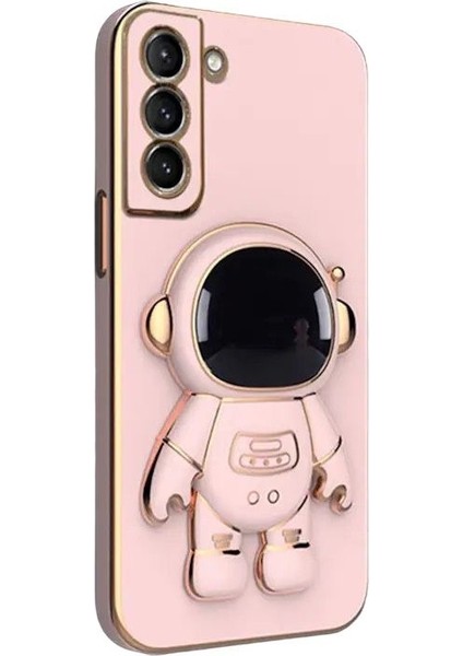 Galaxy S22 Plus Kılıf Kamera Korumalı Astronot Desenli Standlı Silikon Pembe