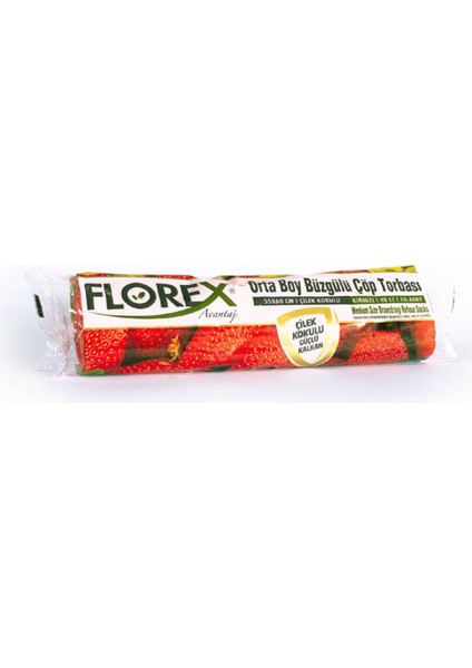40 Litre Büzgülü Çilek Kokulu Çöp Torbası Poşeti / 55 x 60 Cm. - 10 Adetlik 10 Rulo