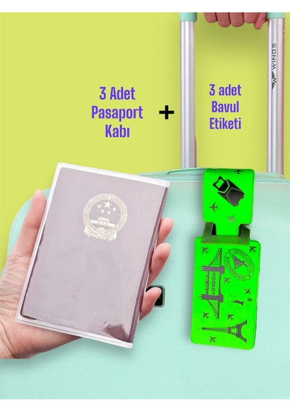 6 Parça Seyahat Kiti 3 Adet Pasaport Kabı Pasaportluk + 3 Adet Bavul Neon Etiketi Valiz Etiketi