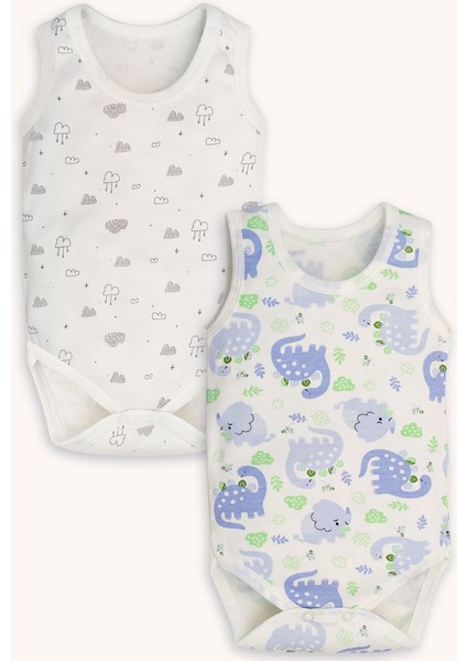 Dinazor Desenli Mavi ve Bulutlu Beyaz Alttan Çıtçıtlı Kolsuz Unisex Zıbın Seti