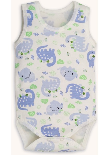 Dinazor Desenli Mavi ve Bulutlu Beyaz Alttan Çıtçıtlı Kolsuz Unisex Zıbın Seti modelleri