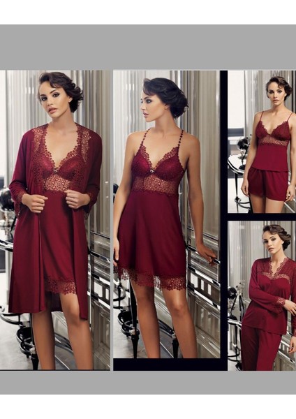 190 Bordo Penye 6 Lı Gecelik Sabahlık Çeyiz Seti