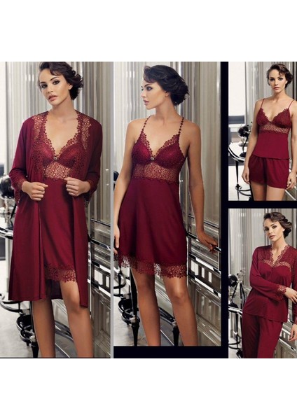 190 Bordo Penye 6 Lı Gecelik Sabahlık Çeyiz Seti