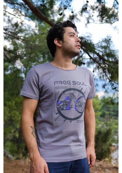 Basic Erkek Gri Kirli Yaka Özel Tasarım Baskılı T-Shirt