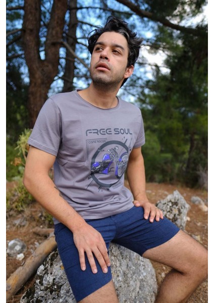 Basic Erkek Gri Kirli Yaka Özel Tasarım Baskılı T-Shirt