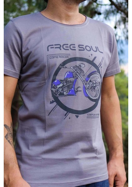 Basic Erkek Gri Kirli Yaka Özel Tasarım Baskılı T-Shirt