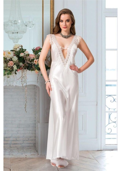 Kadın Ekru Saten Uzun Gecelik 2995