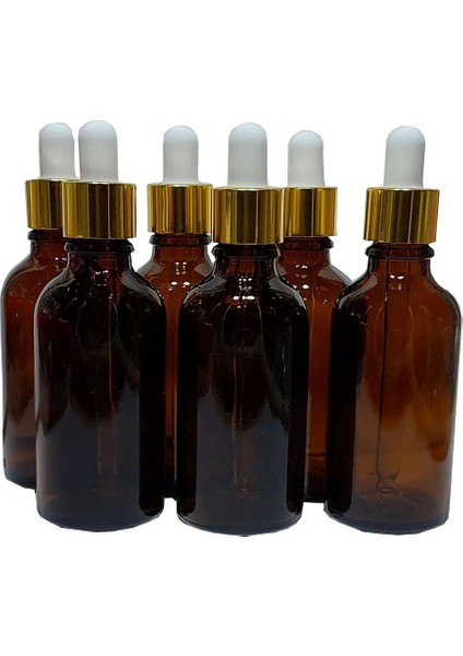 60 Adet 50 ml Damlalıklı Amber Cam Şişe Metal Altın Renk Yüzüklü Beyaz