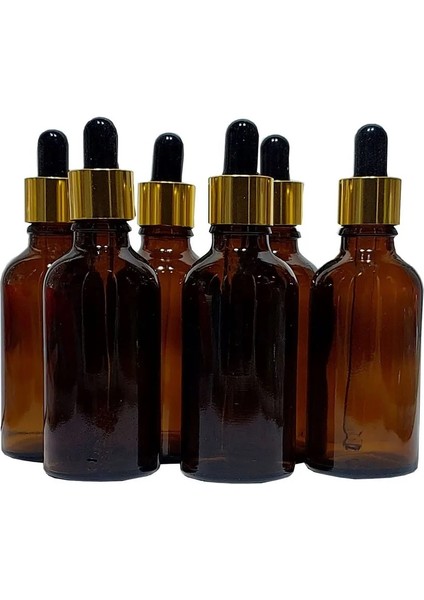 6 Adet 50 ml Damlalıklı Amber Cam Şişe Metal Altın Renk Yüzüklü