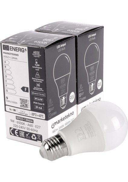 9W LED Ampul 6500K Beyaz Işık A60 E27 2 'li Paket Ampul