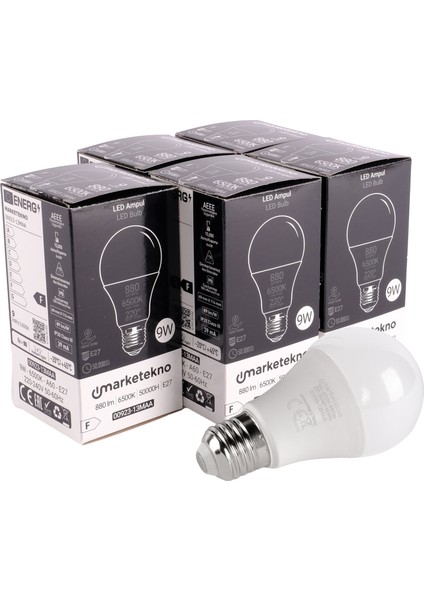 9W LED Ampul 6500K Beyaz Işık A60 E27 5 'li Paket Ampul