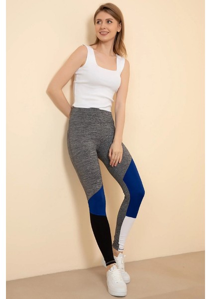 Kadın Gri Renk Bloklu Spor Tayt 00202G