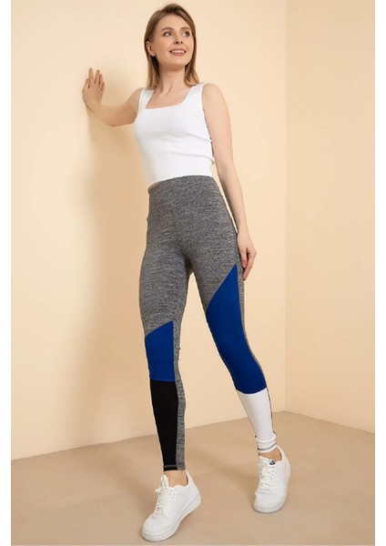 Kadın Gri Renk Bloklu Spor Tayt 00202G