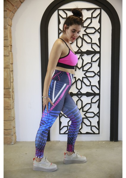 Kadın Lacivert Yüksel Bel Dijital Baskı Spor Tayt Kyts-03