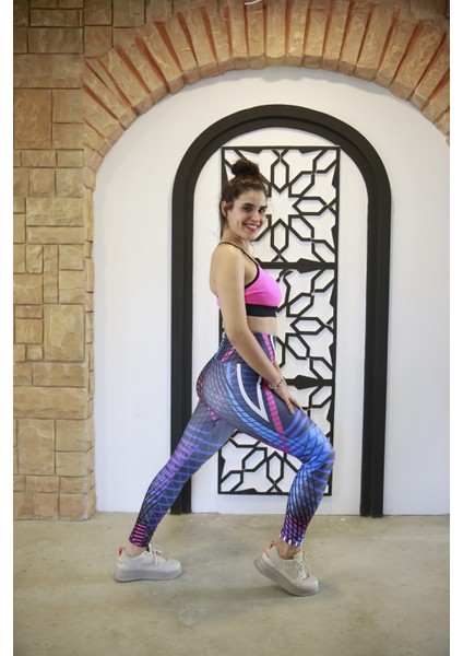 Kadın Lacivert Yüksel Bel Dijital Baskı Spor Tayt Kyts-03 fırsatları