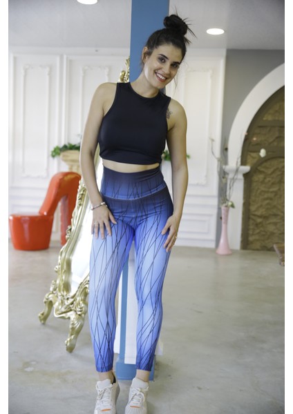 Kadın Mavi Yüksel Bel Dijital Baskı Spor Tayt Kyts-05