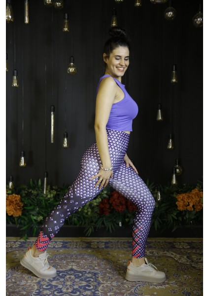 Kadın Mor Yüksel Bel Dijital Baskı Spor Tayt Kyts-25
