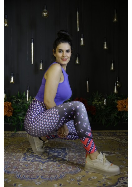 Kadın Mor Yüksel Bel Dijital Baskı Spor Tayt Kyts-25 fiyatları
