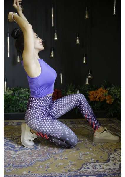 Kadın Mor Yüksel Bel Dijital Baskı Spor Tayt Kyts-25 fırsatları