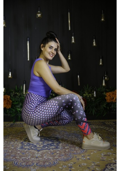 Kadın Mor Yüksel Bel Dijital Baskı Spor Tayt Kyts-25 indirimleri