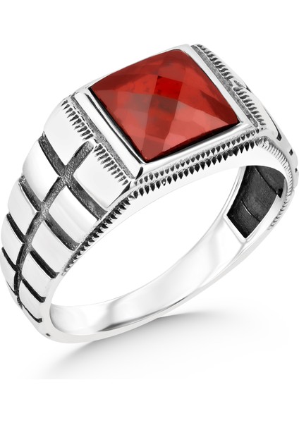 925 Ayar Gümüş Erkek Yüzük Faset Kesimli Kırmızı Zirkon Taşlı modelleri