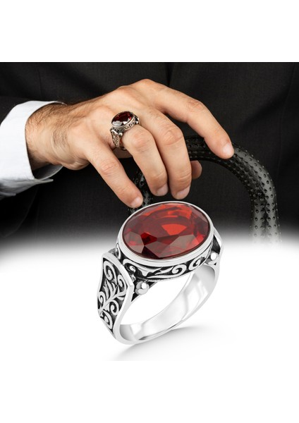 925 Ayar Gümüş Erkek Yüzük Kırmızı Zirkon Taşlı