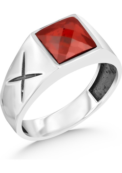 925 Ayar Gümüş Erkek Yüzük Faset Kesim Kırmızı Zirkon Taşlı modelleri