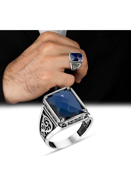Mavi Zirkon Taşlı Taşlı 925 Ayar Gümüş Erkek Yüzük