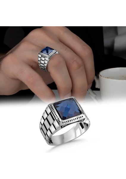 Mavi Zirkon Taşlı 925 Ayar Gümüş Erkek Yüzük