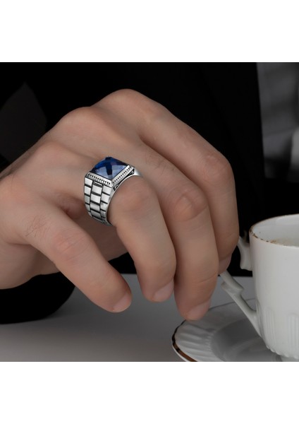 Mavi Zirkon Taşlı 925 Ayar Gümüş Erkek Yüzük fiyatları