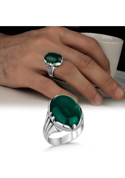 Yeşil Akik Taşlı 925 Ayar Gümüş Erkek Yüzük