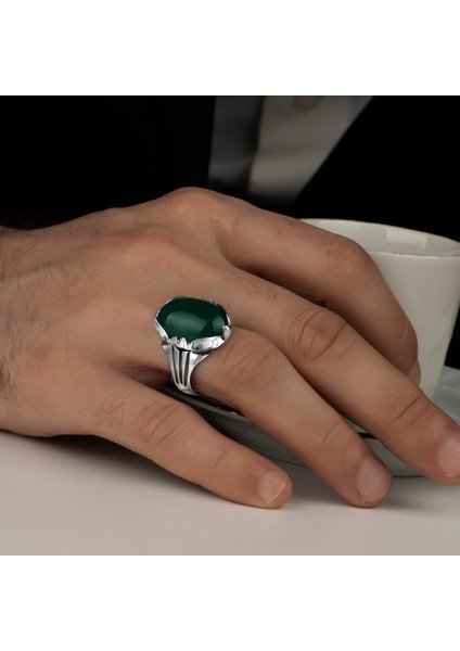 Yeşil Akik Taşlı 925 Ayar Gümüş Erkek Yüzük fiyatları