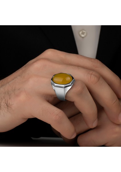 Sarı Akik Taşlı 925 Ayar Gümüş Erkek Yüzük fiyatları
